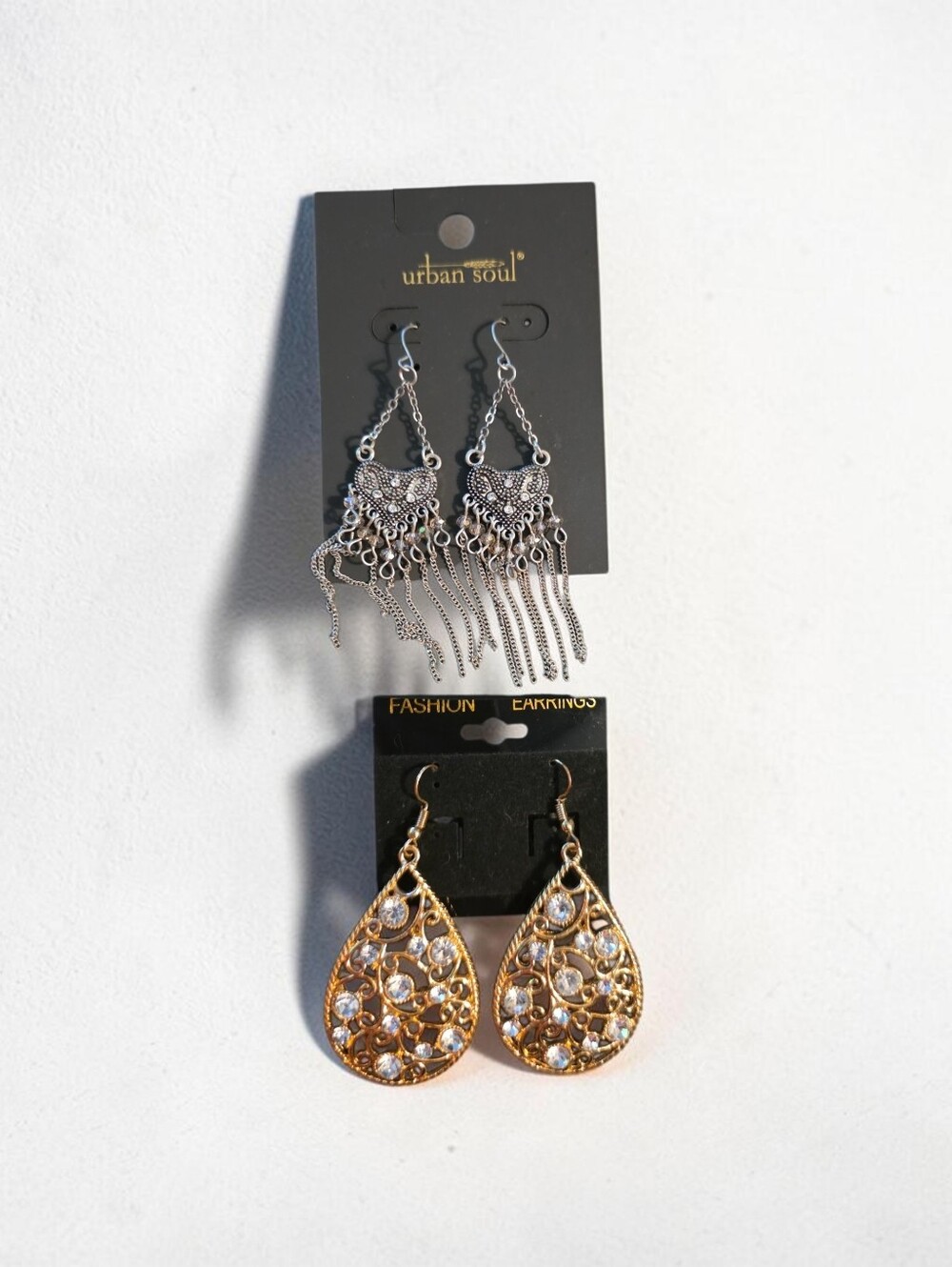 Urban Soul Silver Filigree Fringe Dangle Earrings And Glod Tone With Clear Stone